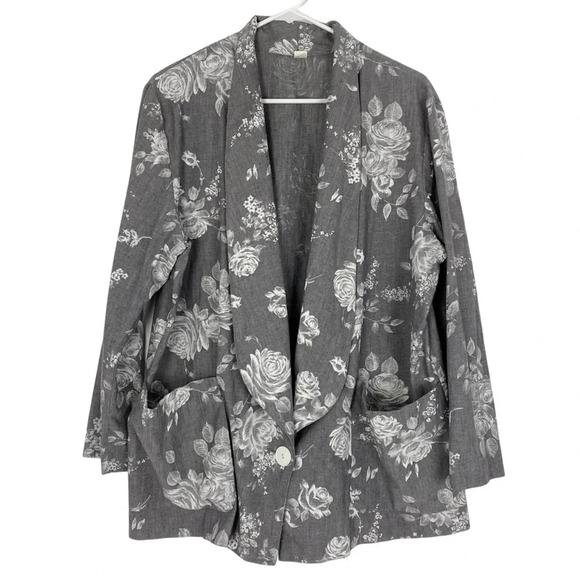Vintage 90s Floral Farmhouse Granny Jacket Blazer Womens Plus Size 22 Grey 2XL - Picture 1 of 12